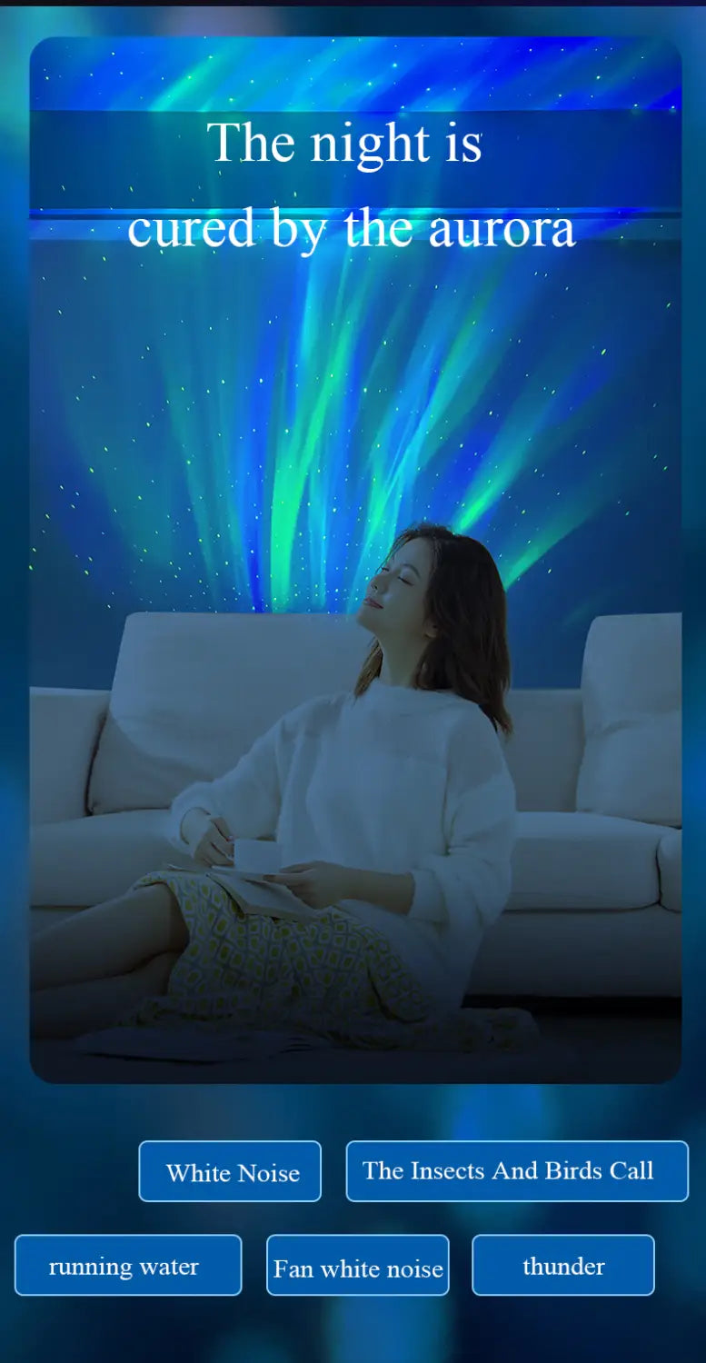 blue and green double effect northern lights projector lamp casting radiant beams across a room for ambient lighting