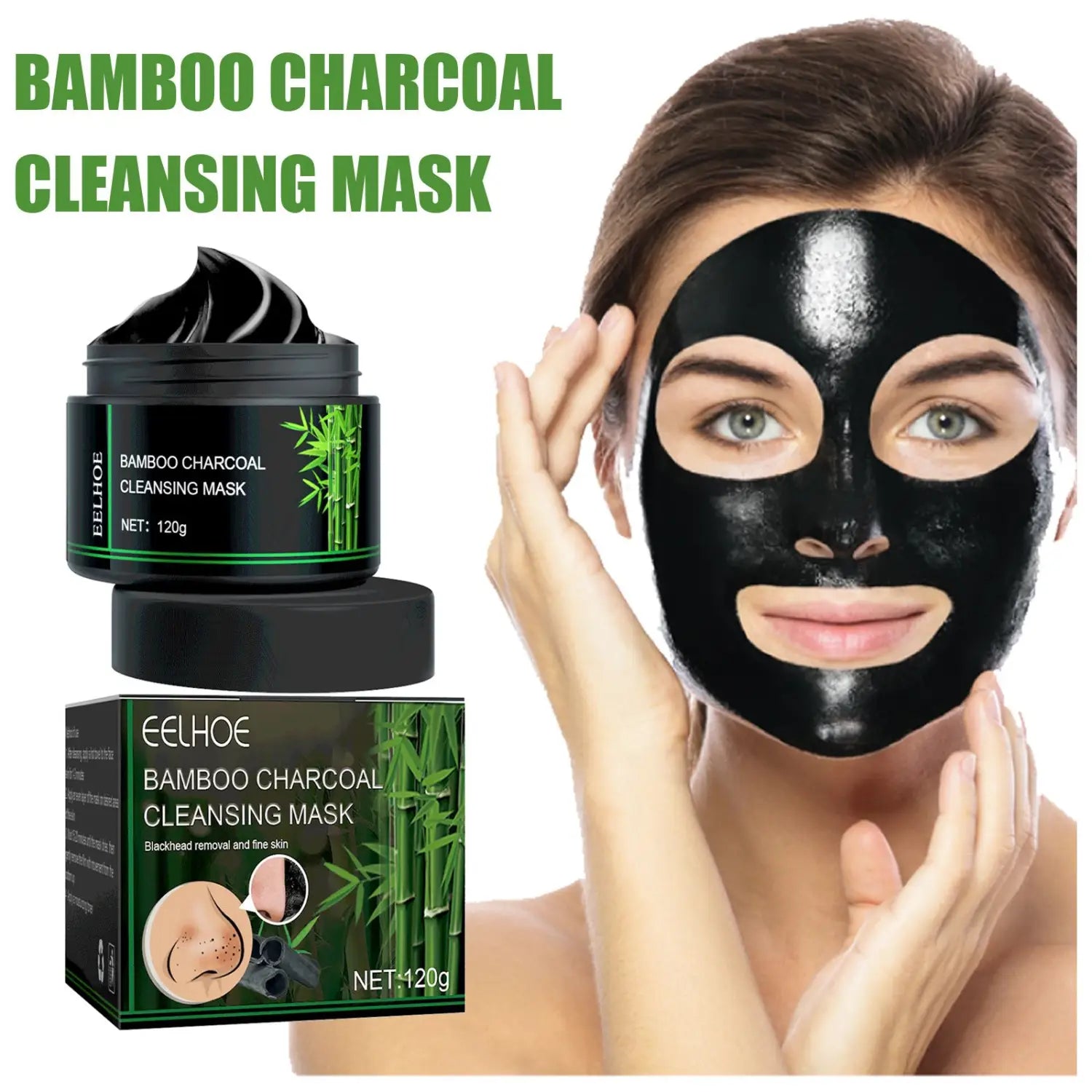 black bamboo charcoal cleansing peel-off mask in a sleek black jar with green accents and matching box, applied as a glossy bamboo charcoal blackhead removal peel-off mask on a model’s face.