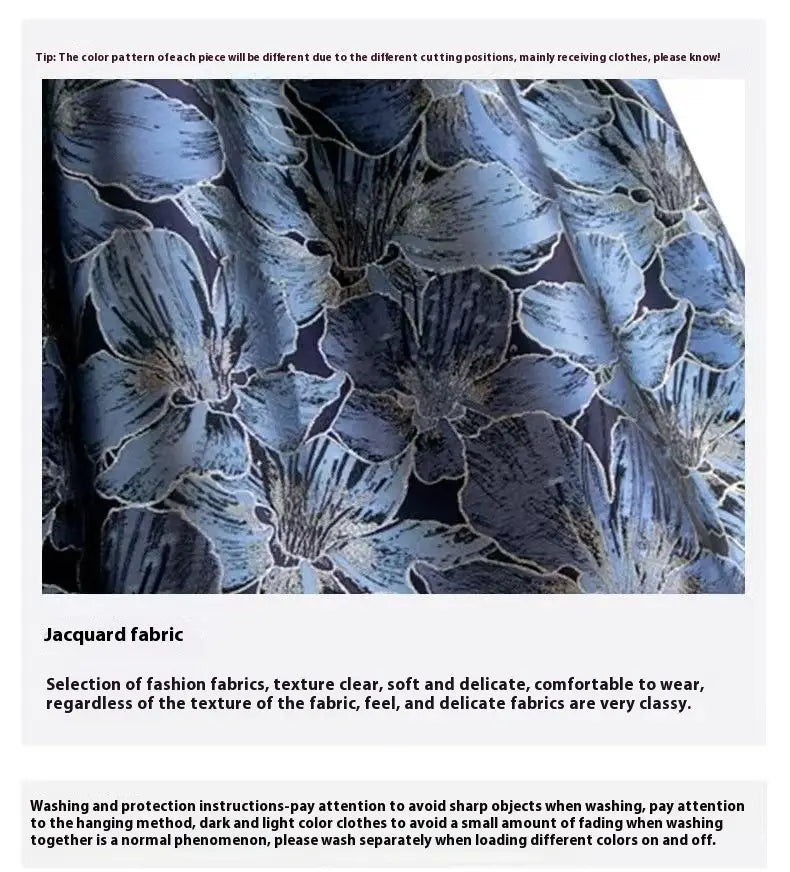 blue and black waist slimming jacquard midi skirt featuring a detailed floral pattern in a slimming jacquard fabric for a high waist slimming effect