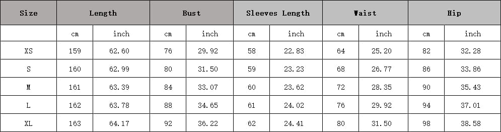 Size chart for long sleeve diagonal collar velvet cutout evening dress showing measurements in centimeters and inches for sizes xs through xl.