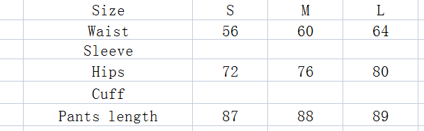 Size chart for cream high waisted no embarrassment line fitness pants for women in sizes s m and l listing measurements in inches for chemical fiber blended material.