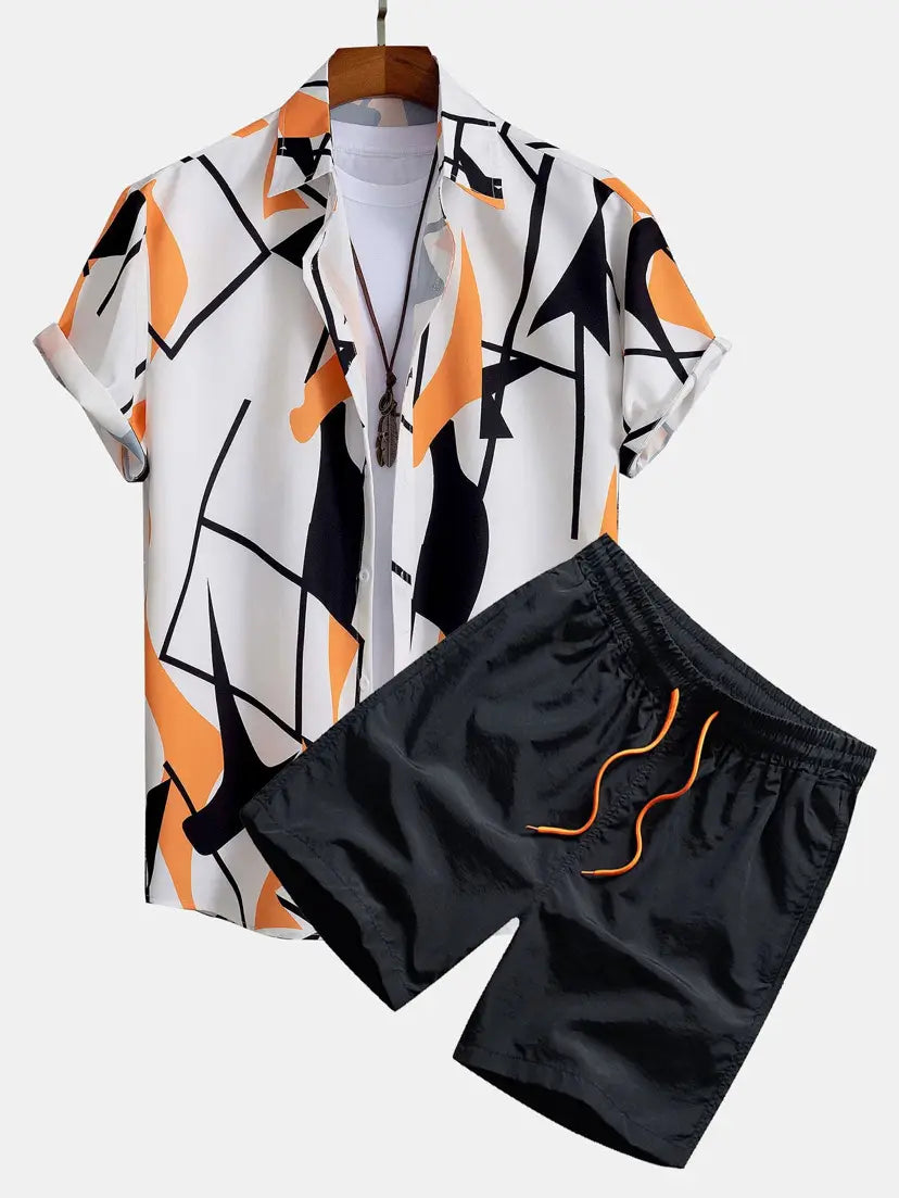 white short sleeve beach shirt suit with bold black and orange abstract geometric patterns paired with matching black shorts featuring orange drawstrings for casual beachwear