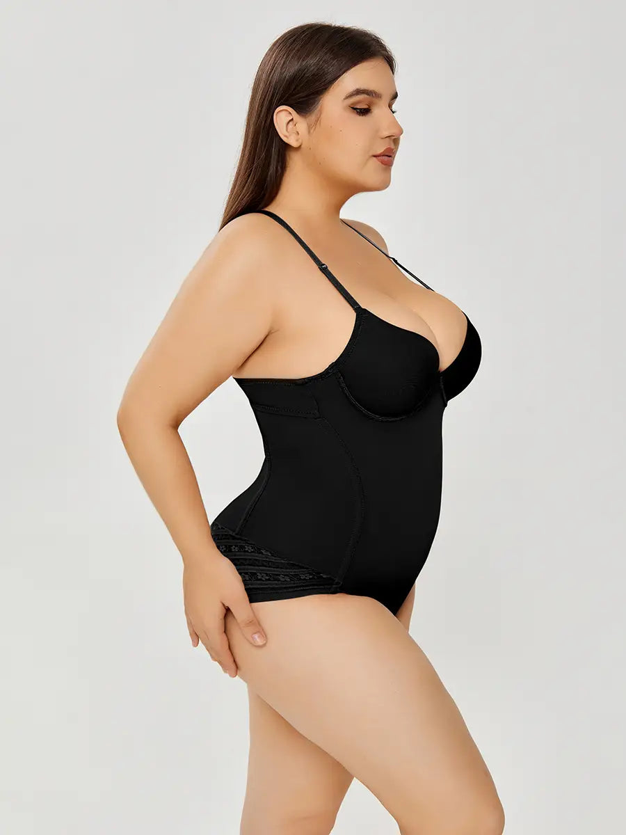 plus size black ultra firm control bodycon bodysuit with lace trim at the waist designed as a firm control body shaper swimsuit