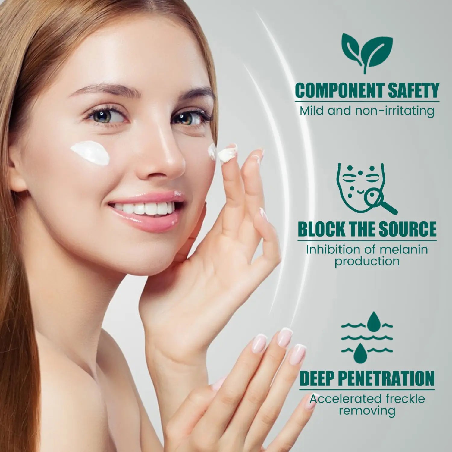 A woman applies south moon brightening spot whitening cream with a white, creamy texture to her cheek for skin brightening benefits.