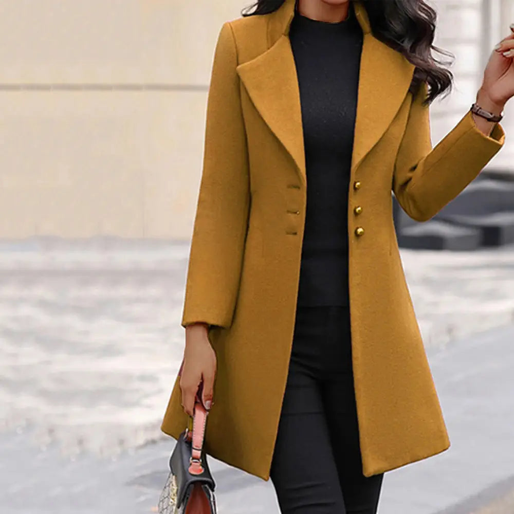 mustard yellow wool winter single-breasted slim-fit lapel coat with gold buttons designed for style and warmth
