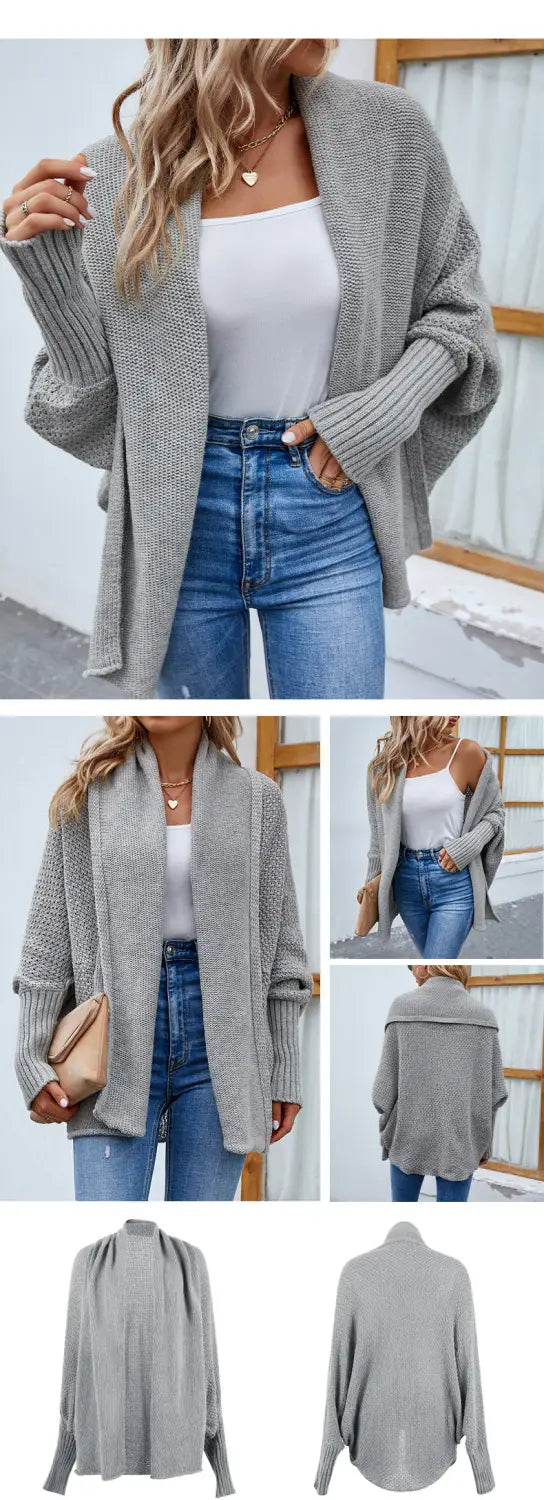Gray loose knitted sweater solid color cardigan with a relaxed open front design and wide sleeves made of ribbed knit material.