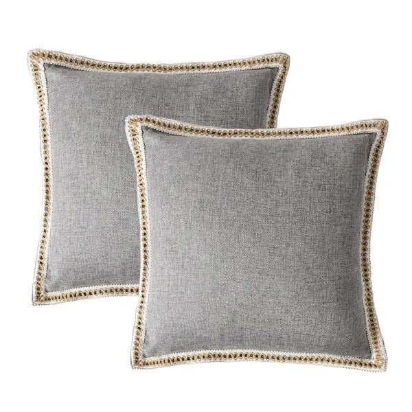 Set of 2 Vintage Linen Trimmed Throw Pillow Covers 20x20 Inch - Rustic Farmhouse Cushion Covers