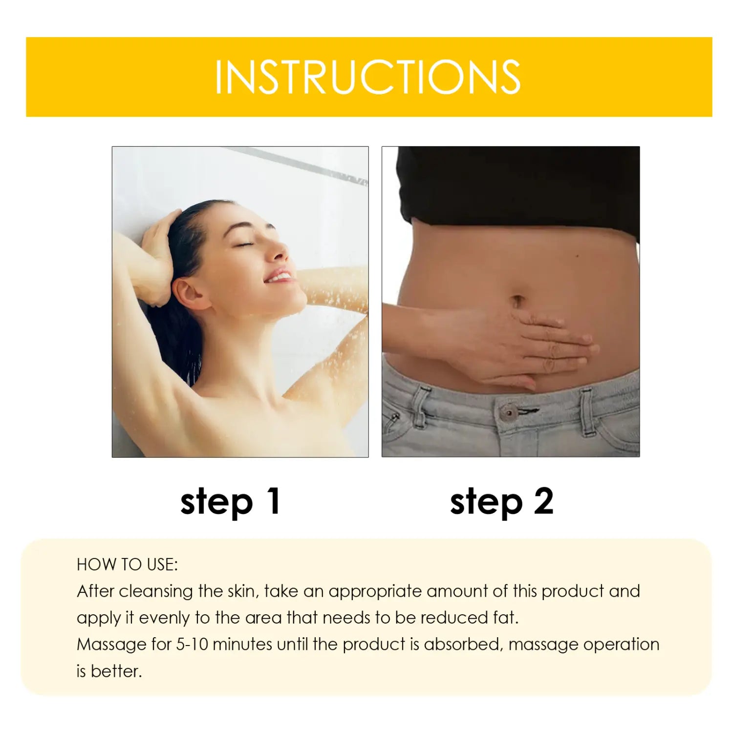 The image shows a step-by-step guide for using Jaysuing body soap herbal bar with skin tightening properties, instructing to apply the body soap after cleansing and massage the area needing fat reduction.