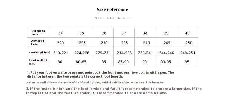Size reference chart for white patent super high heel platform Mary Janes showing european and domestic codes with foot length and width measurements in millimeters.