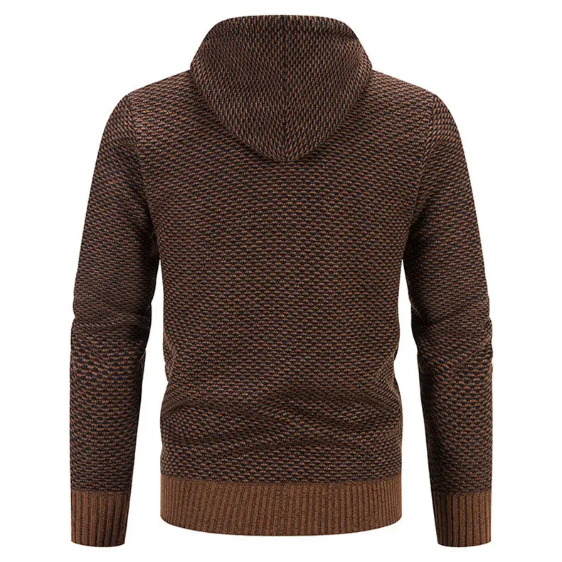 brown textured knit hoodie with ribbed cuffs and hem paired with gray thicken winter coat zipper closure plush hoodie featuring a coat zipper closure for warmth and comfort