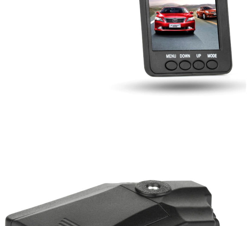 black plastic hd driving recorder with suction cup mount featuring a small screen displaying a red car and four control buttons labeled menu down up and mode, ideal for vehicle recording and safety.