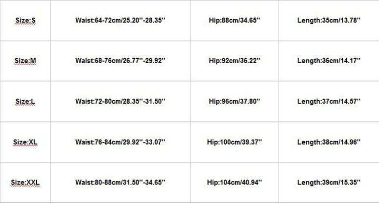 size chart for solid color honeycomb design yoga shorts showing measurements in centimeters and inches from size s to xxl