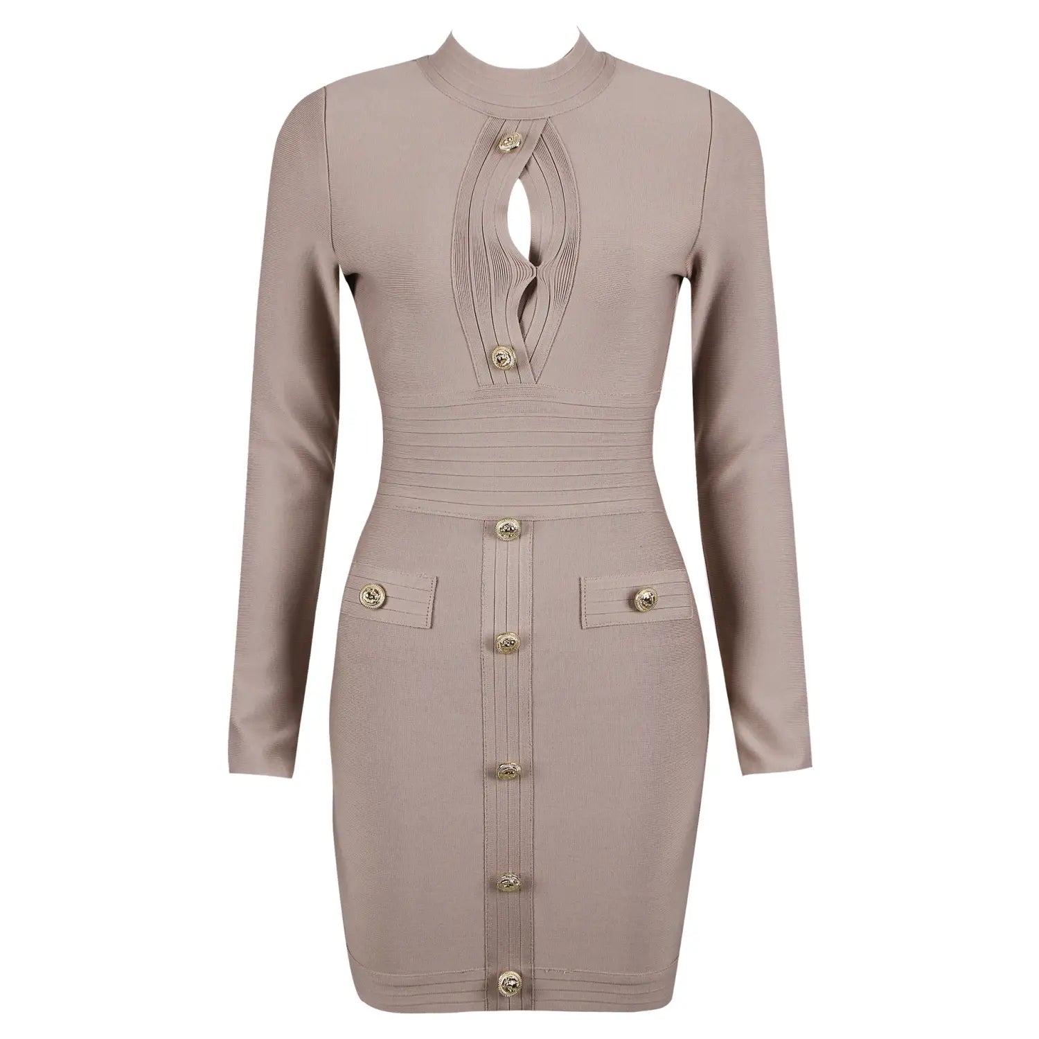beige long-sleeved fitted dress with gold-tone buttons and pleated detailing paired with a white high neck chest scheming hip short skirt.