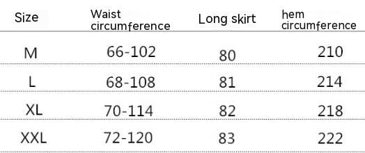 The table displays sizing details for the artistic floral washed cotton midi skirt including waist circumference length and hem circumference for sizes m through xxl.