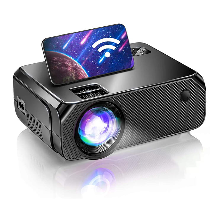 Compact black high definition screen projector home with a textured carbon-fiber pattern and a glowing lens designed for wireless projector home use.