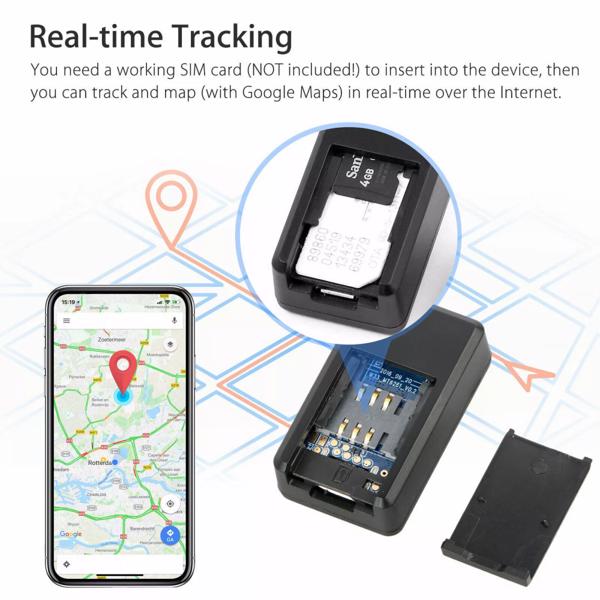 black plastic magnetic gf07 mini gps real time tracker device with sim card slot and internal circuit board visible from the back side