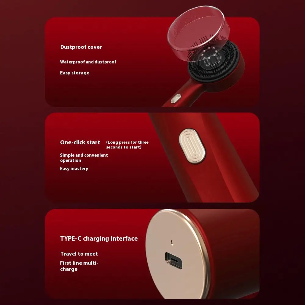 red handheld electric brush with black bristles transparent dustproof cover and type-c charging port designed for scalp care massage activating in the red light scalp care massage hair growth device