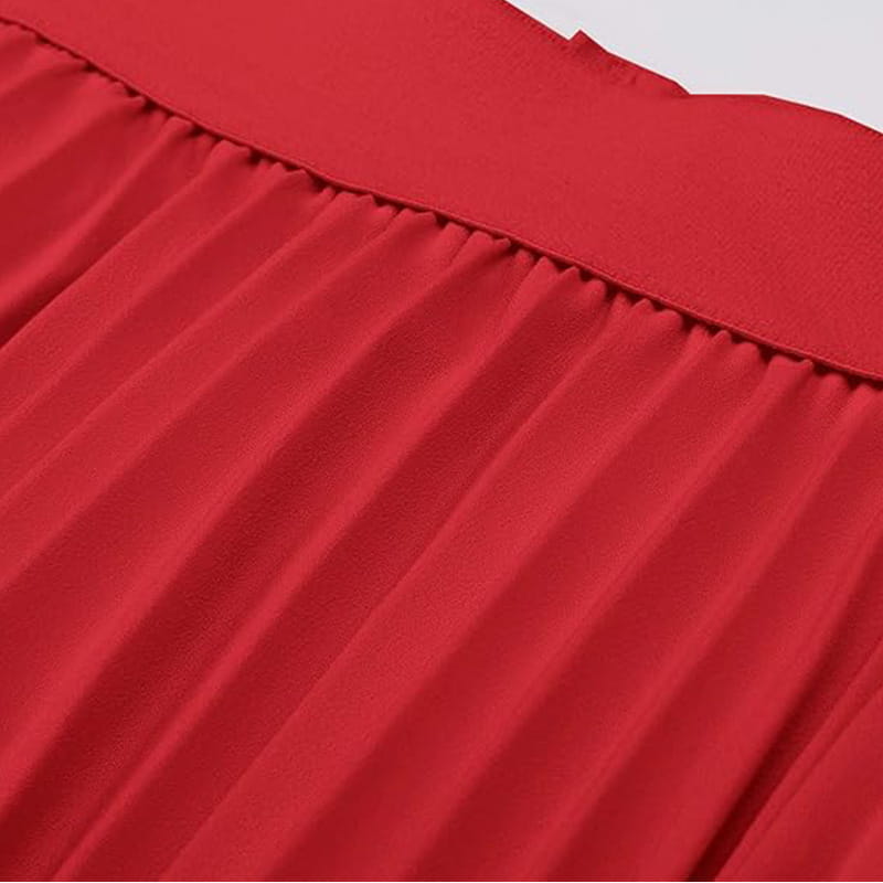 A vibrant red pleated large swing casual skirt featuring smooth flowing fabric and neatly stitched seams.