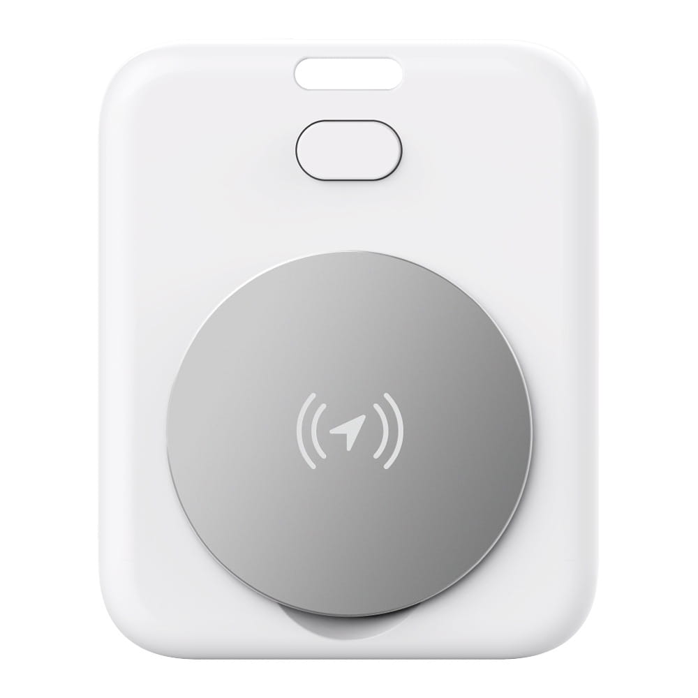 white rectangular wireless charger with a silver circular charging pad featuring a subtle magnetic symbol for the Apple Find My locator pet tracking device.