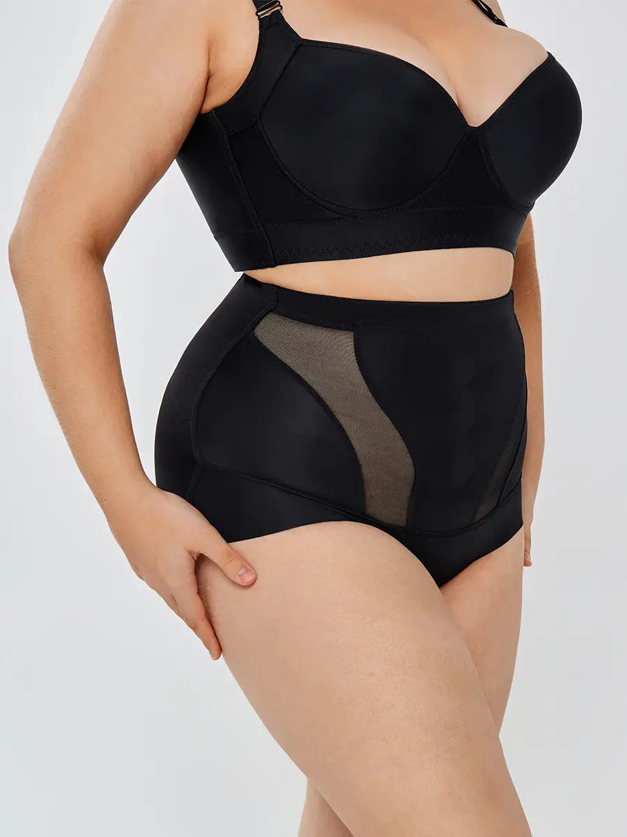 Black womens tummy control high waist shapewear briefs featuring a sheer mesh panel on the side for enhanced breathability and support.