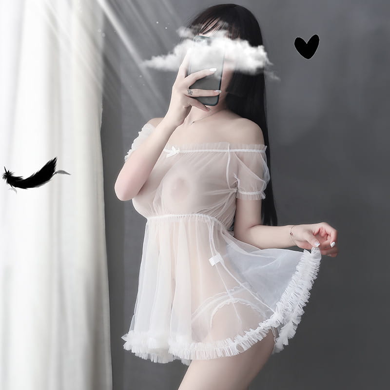 White lace-trimmed off-shoulder sheer nightgown with fringed hem.