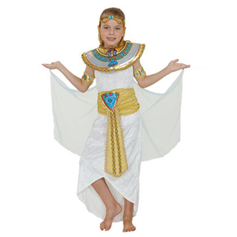 White and gold egyptian-themed children’s costume with turquoise accents designed for halloween celebration costumes and female makeup looks.
