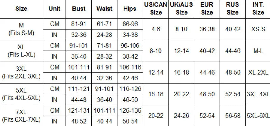 The image displays a detailed size chart in centimeters and inches for a black floral piece bodysuit tights with lace cutout lingerie available in sizes m to 7xl.