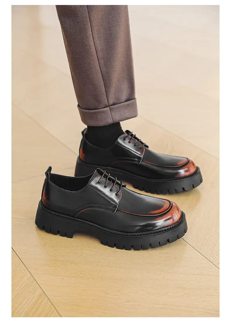 Men’s casual leather shoes in black and brown leather with red stitching feature lace-up design and chunky rubber sole.