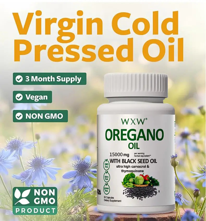 White plastic bottle of wxx black seed oil capsules with a white ribbed cap and green labeling highlighting 15,000 mg per serving strength of seed oil