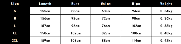 Size chart displaying measurements in centimeters and weight in kilograms for a silver sequined sprinkled gold banquet evening dress available in sizes S through 2XL.