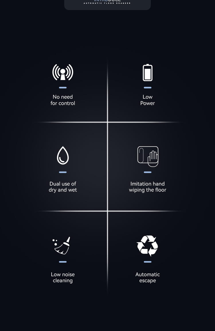 black automatic floor sweeper with white icons highlighting features of a smart home wet and dry humidifier mopping machine for efficient cleaning