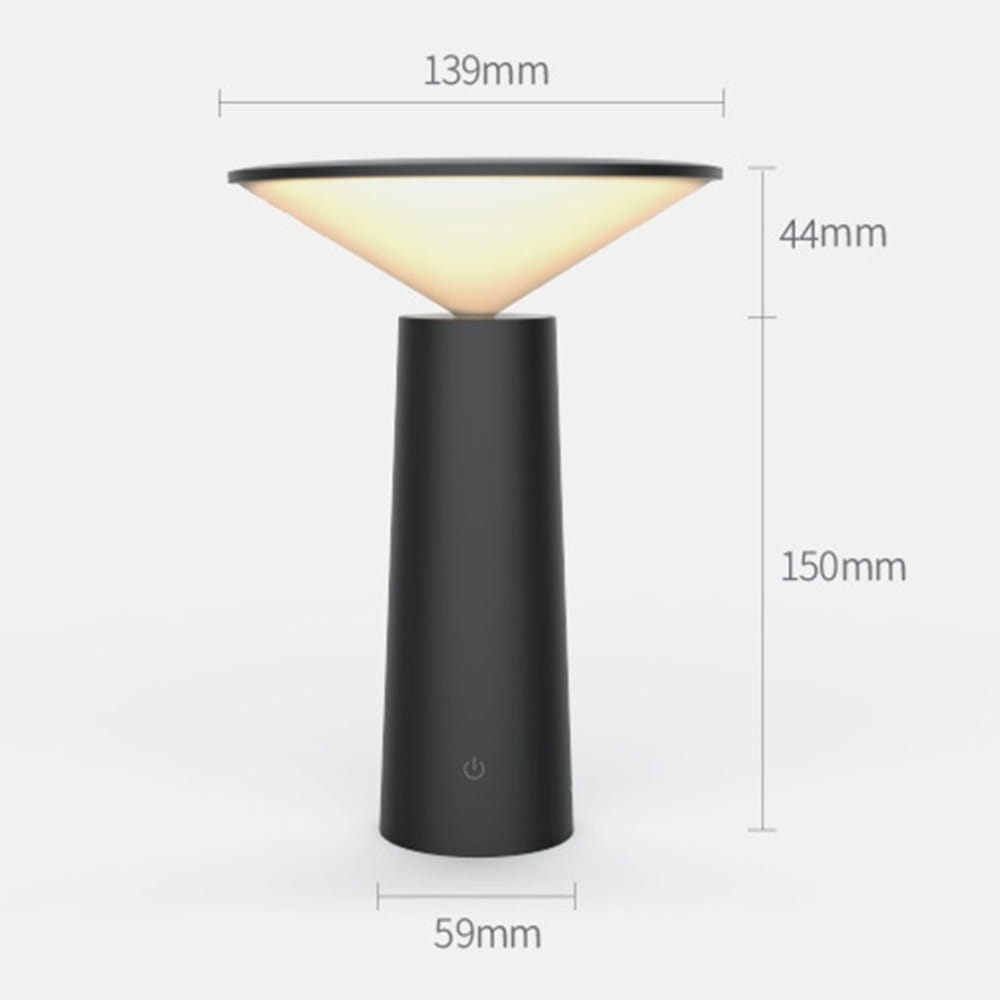 Black cylindrical minimalist touch table lamp usb led with a conical beige light diffuser providing soft led reading illumination.