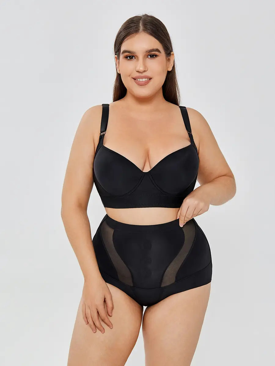 Black plus-size womens tummy control high waist mesh body shaper set features mesh panels for enhanced breathability and support.