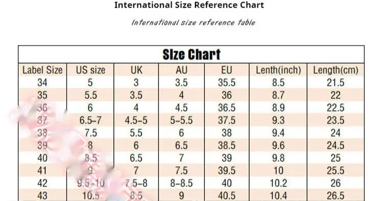 international size reference chart showing conversion between label sizes and us uk au eu sizing with length measurements in inches and centimeters for white platform sweet bow boots with faux fur designed for heel snow sweet and snow sweet bow use.