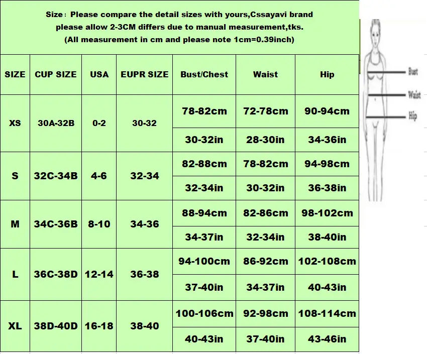 Cassayavi brand size chart for women’s clothing in cm and inches detailing bust waist and hip measurements from xs to xl for the iridescent rainbow bikini gradient swimsuit.