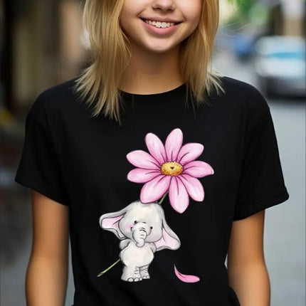 Chic Elephant & Floral Print Girls' T-Shirt - Loose Fit, Crew Neck, Short Sleeve - Perfect For Spring Summer - Royalessencelux