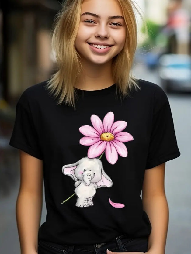 Chic Elephant & Floral Print Girls' T-Shirt - Loose Fit, Crew Neck, Short Sleeve - Perfect For Spring Summer - Royalessencelux