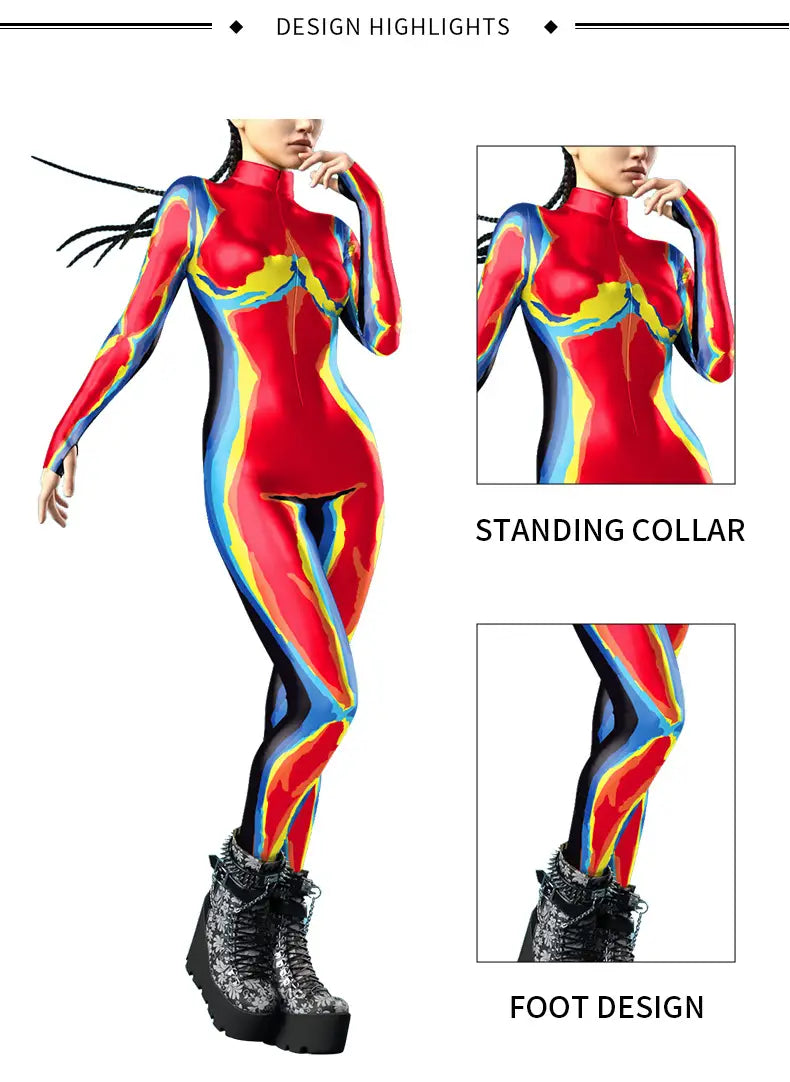 A vibrant red blue and yellow neon-look flame digital printed buttoned hand jumpsuit with a standing collar made from main fabric.
