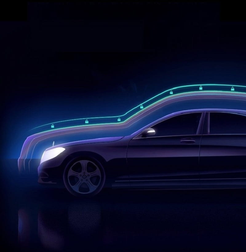 a sleek black mercedes-benz sedan with glowing blue and purple neon lines highlights the white glass white mirror rearview driving recorder installed on the vehicle.