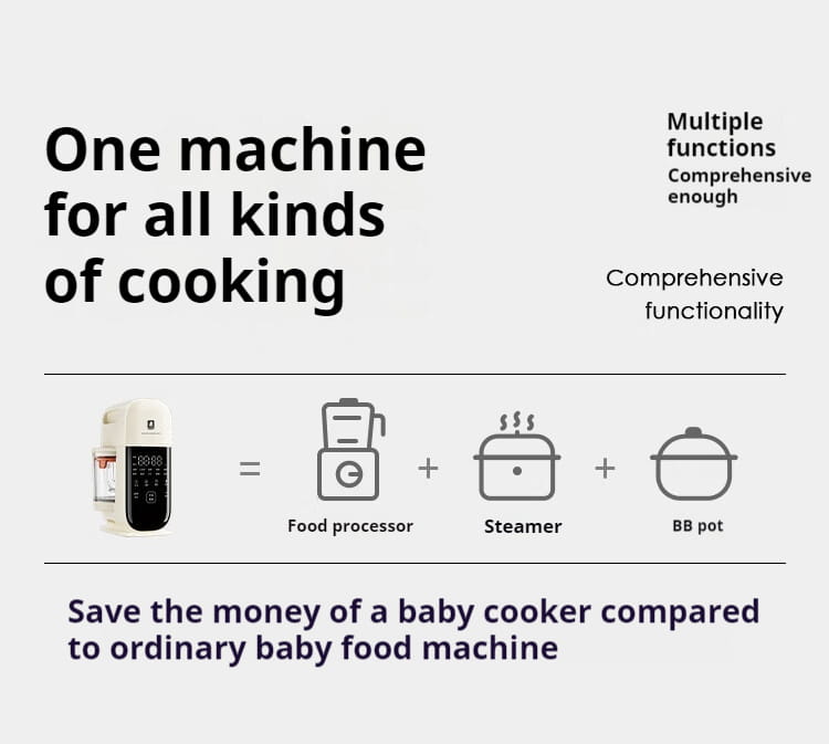 Cream multifunctional baby cooking machine in cream color with digital display and control panel designed as a multifunctional baby cooking machine.
