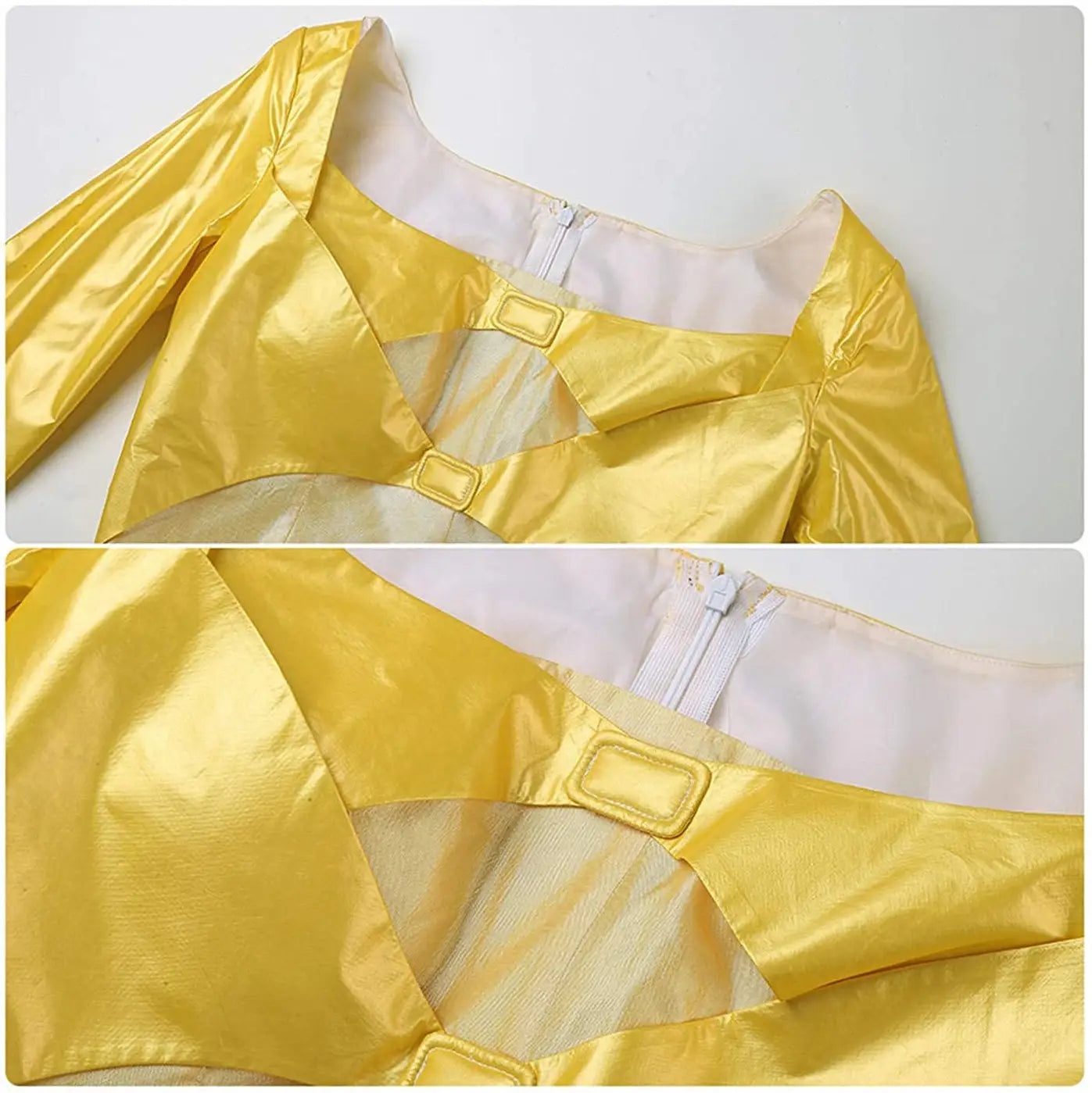 A shiny gold satin top with a square neckline and decorative rectangular buckles featured in a yellow victorian palace dress for dress stage performance.