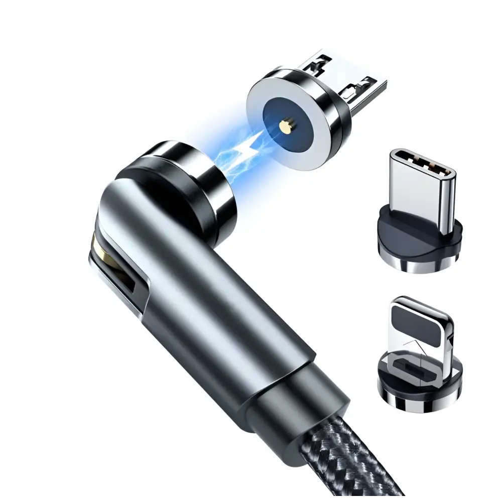 Black braided 360 magnetic usb c cable with interchangeable usb-c and lightning connectors for apple ios devices