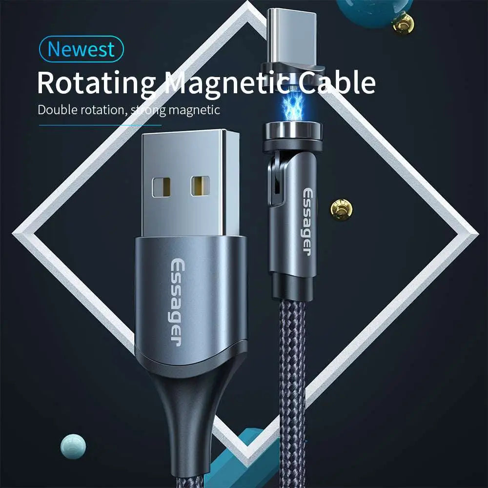 Essager 360 magnetic usb c cable with sleek metallic finish and black braided cord for apple ios and android devices