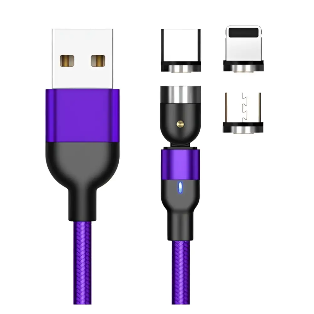 Purple and black braided 360 magnetic usb c cable with interchangeable connectors for apple ios and android devices