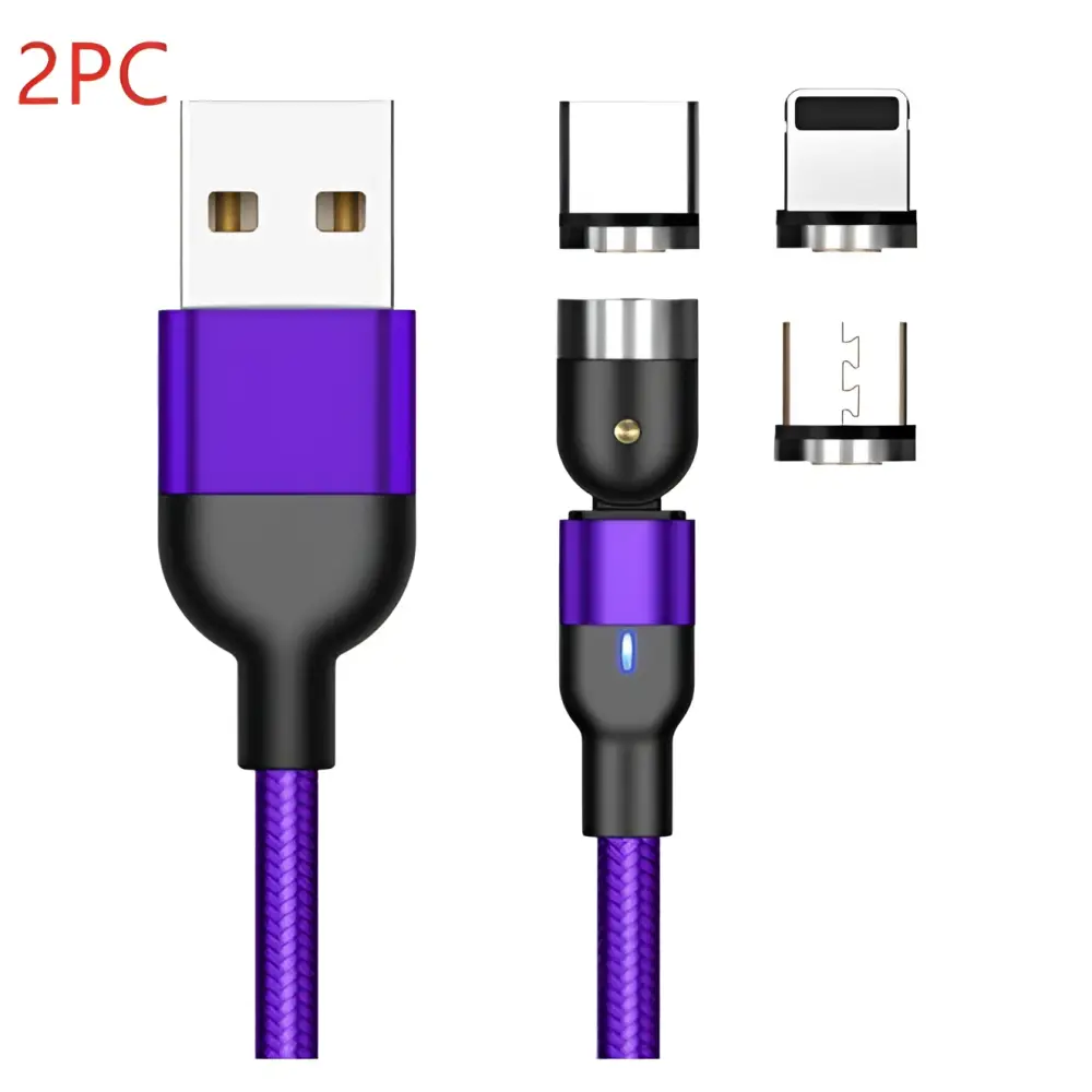Purple and black braided magnetic usb c cable with interchangeable tips for apple ios and android devices