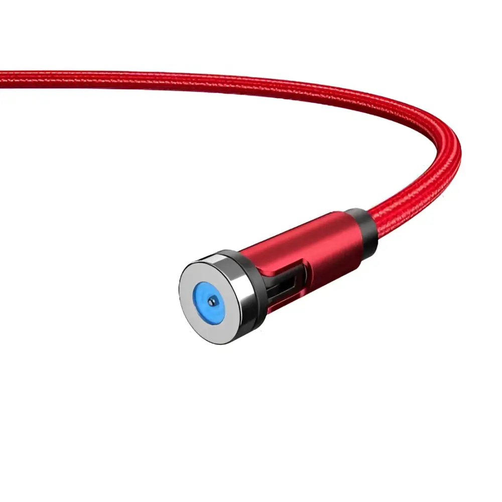 Red 360 magnetic usb c cable with black braided exterior and metallic connector featuring blue circular accent for apple ios use