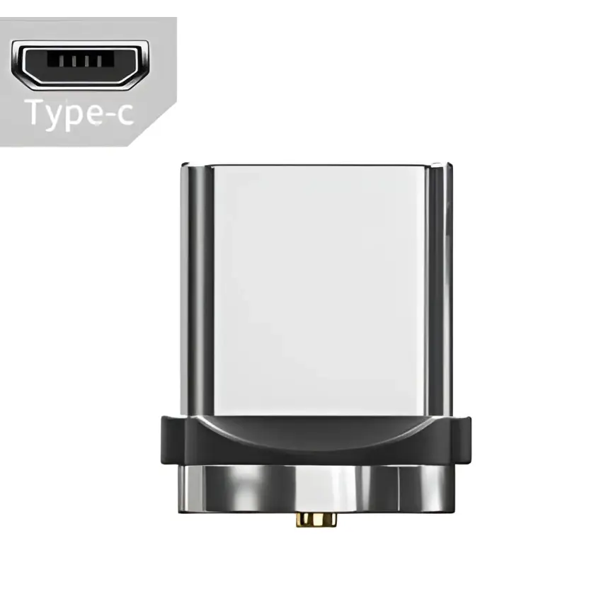 Silver metallic type-c magnetic usb adapter with black rubberized base for apple ios and magnetic usb cable use