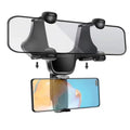 Black plastic swivel rear view mirror phone mount with transparent visor and adjustable clamps for handed operation