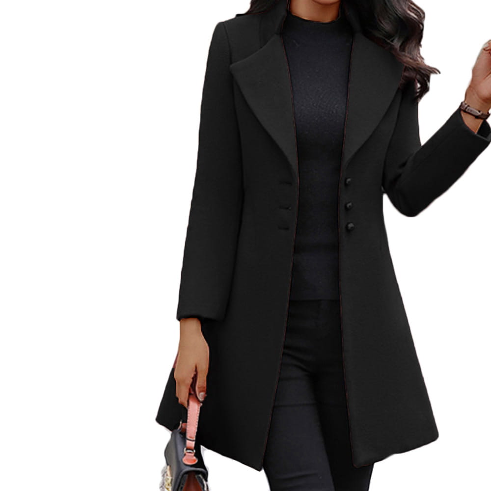 black winter single-breasted slim-fit lapel coat for women featuring a longline design with a notched collar and three front buttons