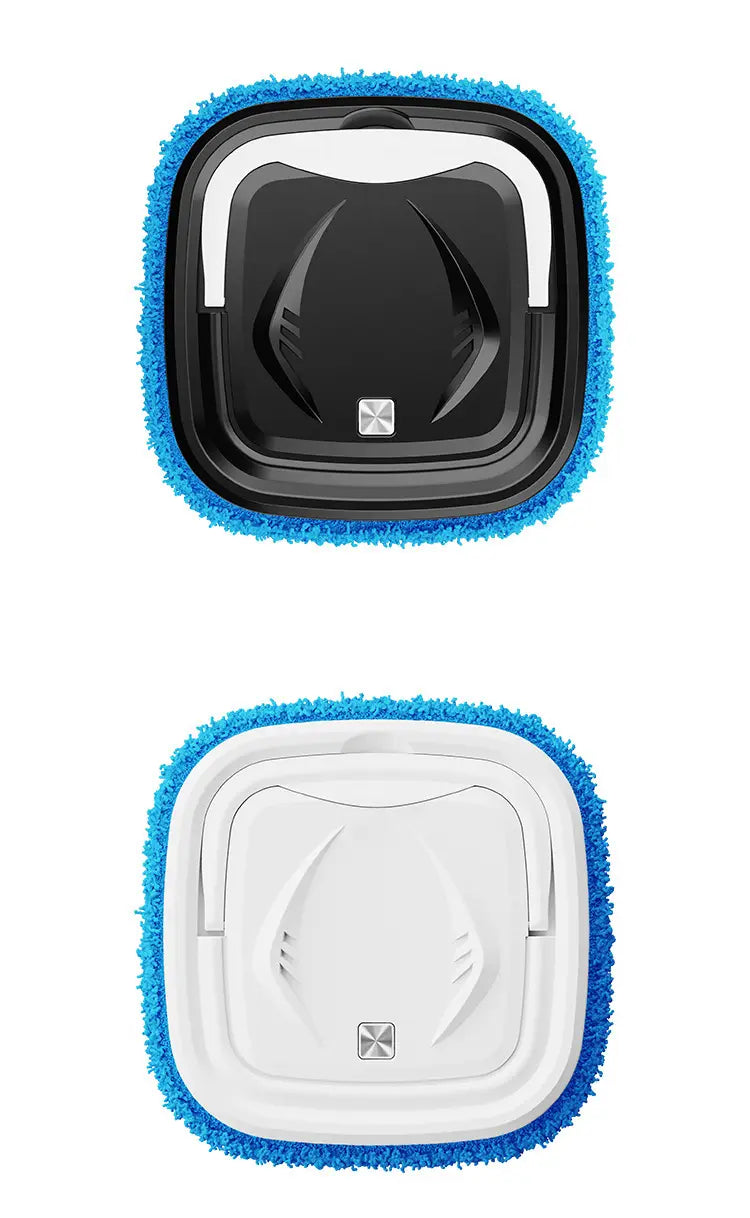 blue-fringed robotic pool cleaner with sleek square design in black and white versions shown as part of a smart home wet and dry humidifier mopping machine system.